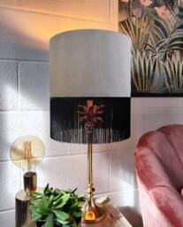 Light Grey Fringed Lampshade in Velvet With Black Fringe - thumbnail 1