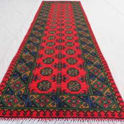 2'5x9'5 Turkmen Bukhara Runner Rug, Afghan Handmade Wool Red Green Blue Natural Veg Dyes Oriental Tribal Carpet Hallway Rug - thumbnail 3