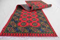 2'5x9'5 Turkmen Bukhara Runner Rug, Afghan Handmade Wool Red Green Blue Natural Veg Dyes Oriental Tribal Carpet Hallway Rug - thumbnail 1