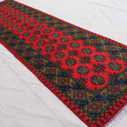 2'5x9'5 Turkmen Bukhara Runner Rug, Afghan Handmade Wool Red Green Blue Natural Veg Dyes Oriental Tribal Carpet Hallway Rug - thumbnail 2