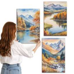 Canvas Wall Art Set Of 3 - Mountain Views With River & Autumn Trees, Orange Art, Landscapes Decor - thumbnail 2