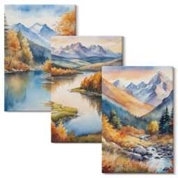 Canvas Wall Art Set Of 3 - Mountain Views With River & Autumn Trees, Orange Art, Landscapes Decor