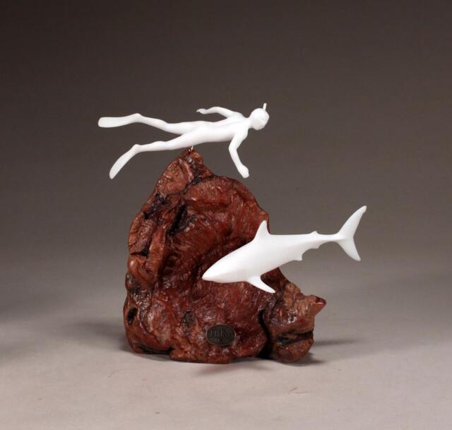 Shark & Diver By John Perry 8In Tall On Burlwood Pellucida Sculpture Statue Art