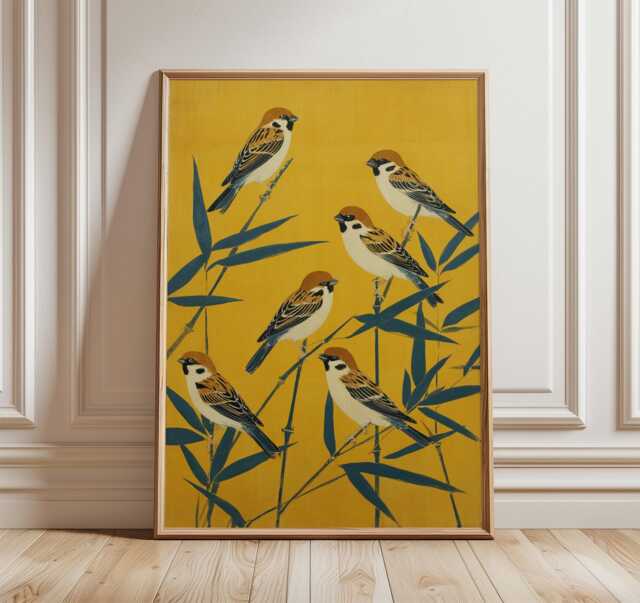 Sparrow Wall Art Poster, Japanese Style Bird Print, Yellow Bamboo Illustration Decor - image 1