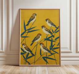 Sparrow Wall Art Poster, Japanese Style Bird Print, Yellow Bamboo Illustration Decor - thumbnail 1