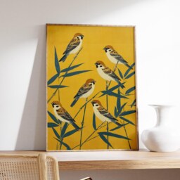 Sparrow Wall Art Poster, Japanese Style Bird Print, Yellow Bamboo Illustration Decor - thumbnail 2