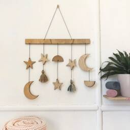 Personalised Star, Moon & Tassel Wall Hanging - Geometric Shapes Neutral Wool Tassels Nursery Decor Art Baby Mobile - thumbnail 2