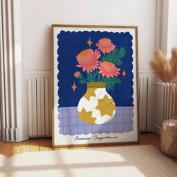 Birth Flower Print - November, Chrysanthemum Floral Wall Art Gift, Vase Illustration - thumbnail 3
