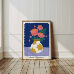 Birth Flower Print - November, Chrysanthemum Floral Wall Art Gift, Vase Illustration - thumbnail 1
