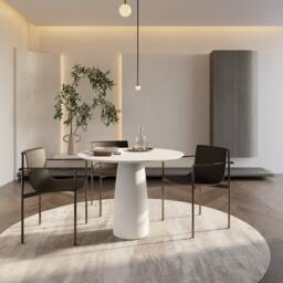 White Round Dining Table Japandi Minimalist Style, Single Base - thumbnail 2