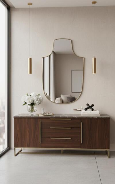Shield Brass Mirror - Handmade Modern Bathroom Vanity Wall - image 1