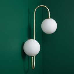 Modern Brass Double Globe Sconce - Minimalist Opal Glass Wall Light - thumbnail 2
