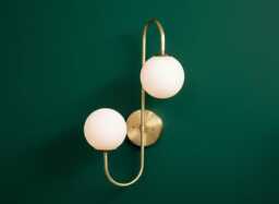 Modern Brass Double Globe Sconce - Minimalist Opal Glass Wall Light - thumbnail 1