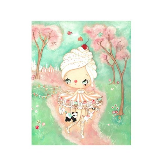 Carousel Cupcake Girl Art Print, Pop Surrealism Wall Decor - image 1