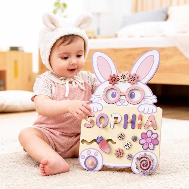 Custom Rabbit Baby Name Puzzle, Montessori Kids Busy Board, Personalized Gift Toy, 1st Birthday Gift, Easter Bunny For Toddlers - image 1