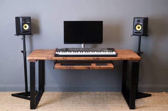 Rustic Studio Desk Solid Wood Music Production Desk With Sliding Keyboard Tray & Steel Legs - image 1