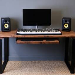 Rustic Studio Desk Solid Wood Music Production Desk With Sliding Keyboard Tray & Steel Legs - thumbnail 3
