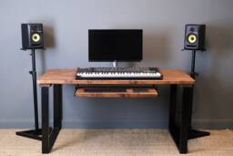 Rustic Studio Desk Solid Wood Music Production Desk With Sliding Keyboard Tray & Steel Legs - thumbnail 1
