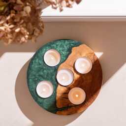 Handcrafted Olive Wood Tealight Holder, Teal Epoxy Resin Accent, Mother's Day Gift - thumbnail 2