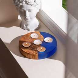 Handcrafted Olive Wood Tealight Holder, Teal Epoxy Resin Accent, Mother's Day Gift - thumbnail 3