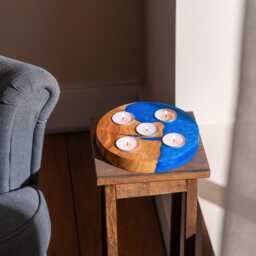 Handcrafted Olive Wood Tealight Holder, Teal Epoxy Resin Accent, Mother's Day Gift - thumbnail 4