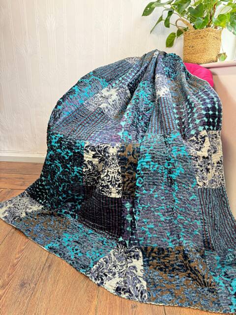 Quilted Velvet Handmade Patchwork Pure Cotton Reversible Bed Sofa Picnic Kids Room Throw Single Twin Dohar Colourful Teal Blue Festive Hues - image 1