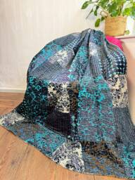 Quilted Velvet Handmade Patchwork Pure Cotton Reversible Bed Sofa Picnic Kids Room Throw Single Twin Dohar Colourful Teal Blue Festive Hues