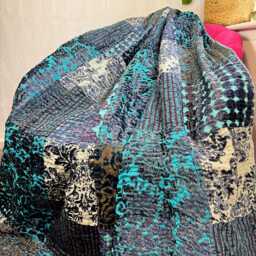 Quilted Velvet Handmade Patchwork Pure Cotton Reversible Bed Sofa Picnic Kids Room Throw Single Twin Dohar Colourful Teal Blue Festive Hues - thumbnail 2