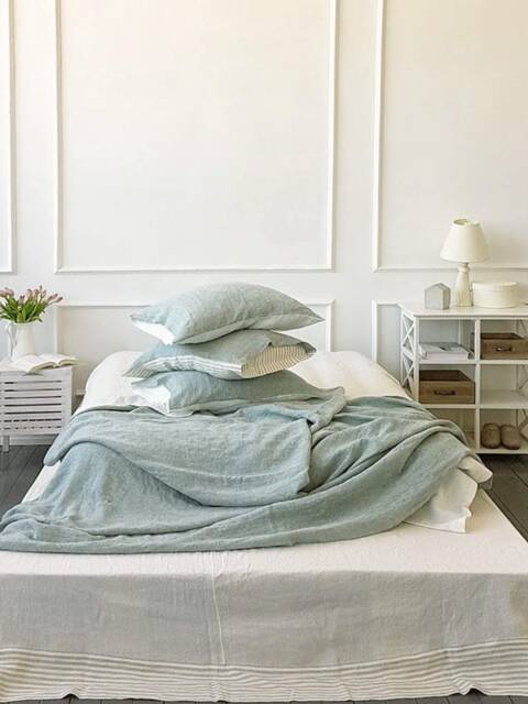 Linen Duvet Set in Bluish Green, Off-White - Washed Reversible Linen Bedding Set Queen Cal King Bed More Colors Available - image 1