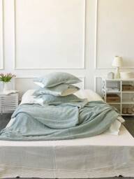 Linen Duvet Set in Bluish Green, Off-White - Washed Reversible Linen Bedding Set Queen Cal King Bed More Colors Available - thumbnail 1