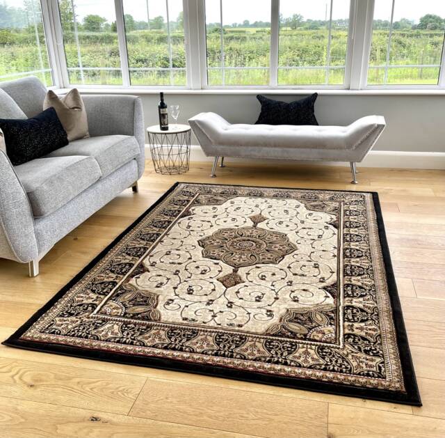 Black Beige Classic Traditional Vintage Thick Living Room Carpet Runners Floral Persian Style Rugs - image 1