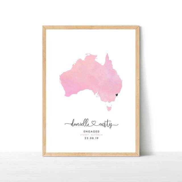 Personalised Engagement Gift, Map Print, Destination Travel Map, Watercolour Wedding Australia Print - image 1
