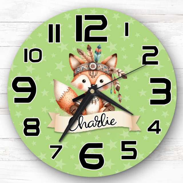 Boho Style Fox Personalised Gift For Kid's Bedroom Clock - Kids Clock, Children's Decor, Custom Wall - image 1