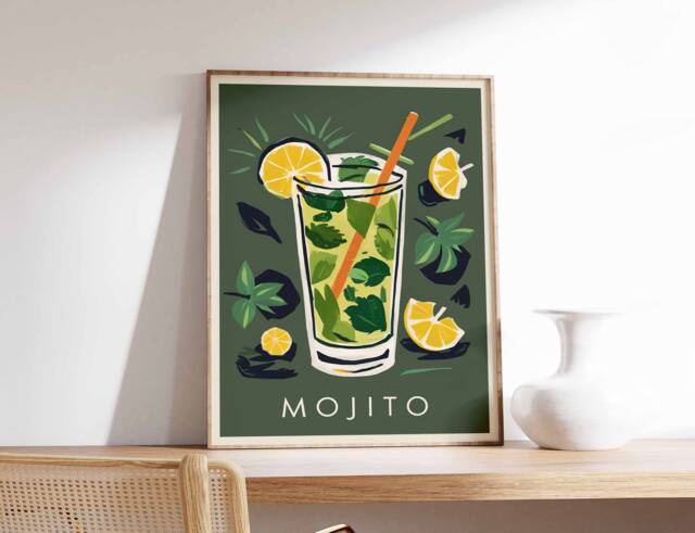 Mojito Cocktail Poster, Art Print, Bar Art, Kitchen Decor, Drinks Restaurant Cafe Decor - image 1
