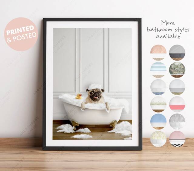 Fawn Pug in A Bath Print, Bathing, Funny Bathroom Animal Bathtub, Dog Tub Whimsy - image 1