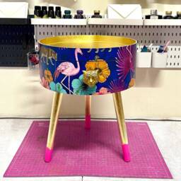 Gold & Navy Leopard Flamingo Round Bedside Table . Fun Bright Home Decor Ideal For Nightstand Or Side Table. Comes With Drawer