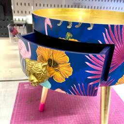 Gold & Navy Leopard Flamingo Round Bedside Table . Fun Bright Home Decor Ideal For Nightstand Or Side Table. Comes With Drawer - thumbnail 3