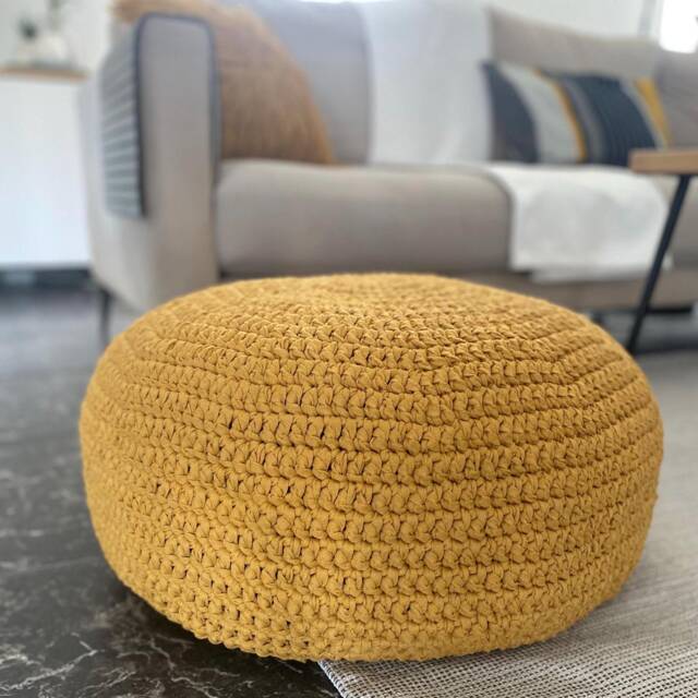 Chunky Knit Pouf Ottoman Mustard Crochet Floor Pillow, Scandinavian Decor - image 1