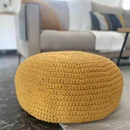 Chunky Knit Pouf Ottoman Mustard Crochet Floor Pillow, Scandinavian Decor