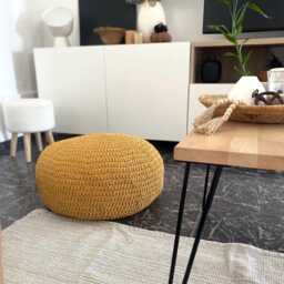 Chunky Knit Pouf Ottoman Mustard Crochet Floor Pillow, Scandinavian Decor - thumbnail 2