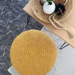 Chunky Knit Pouf Ottoman Mustard Crochet Floor Pillow, Scandinavian Decor - thumbnail 3