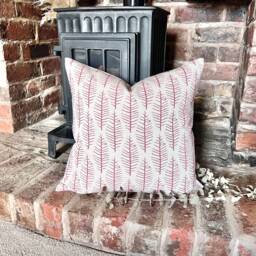 1558. Orna Soft Red Block Print Linen Look 100% Cotton Cushion Cover - thumbnail 1
