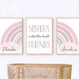 Sisters Prints, Shared Bedroom Posters, Girls Wall Art, Prints For Twins, Rainbow, Pastel, Dusky Pink, Room, Personalised Name - thumbnail 3