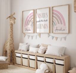 Sisters Prints, Shared Bedroom Posters, Girls Wall Art, Prints For Twins, Rainbow, Pastel, Dusky Pink, Room, Personalised Name - thumbnail 1
