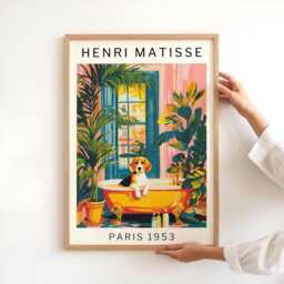 Beagle Bathroom Poster Funny Dog Wall Art Matisse Inspired in Bath Print Tropical Decor Gift For Lovers Gallery - thumbnail 1
