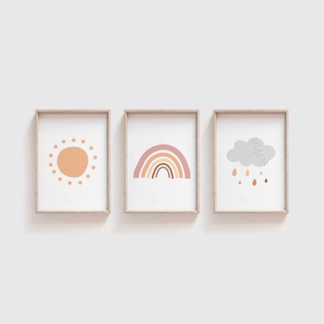 Set Of 3 Girls Nursery Prints, Rainbow Bedroom Playroom Wall Art, Pink - image 1