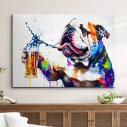 Bulldog Toasting Drink Dog Pet Abstract Modern Painting Wall Art, Framed Canvas Poster Print, Home Kitchen Office Room Decor, Gifts - thumbnail 1