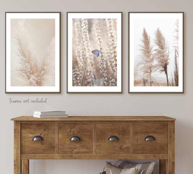 Set Of 3 Natural Beige Prints, Pampas Grass Bedroom Wall Art, Living Room Posters, Neutral Boho Unframed - image 1