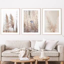 Set Of 3 Natural Beige Prints, Pampas Grass Bedroom Wall Art, Living Room Posters, Neutral Boho Unframed - thumbnail 2