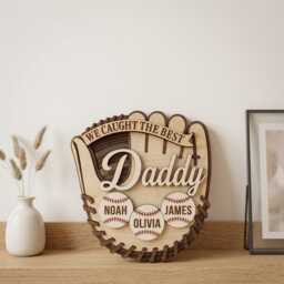 Personalized We Caught The Best Daddy Baseball Glove Sign, Custom Kids Names Gift, Father's Day Wooden Keepsake Decor, Sport Dad Wall Art - thumbnail 3